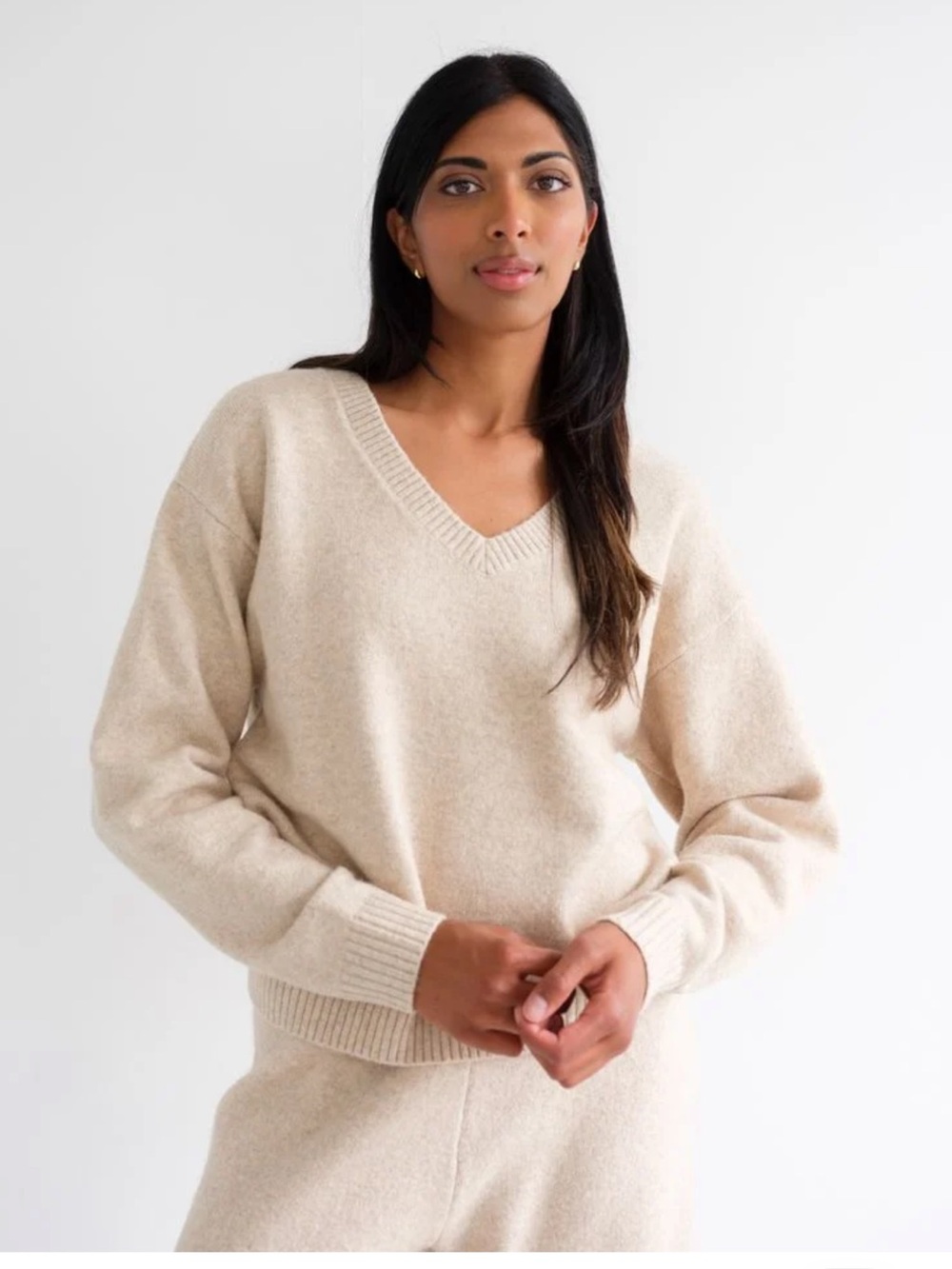 NWT - Brunette the Label V-Neck Cozy Knit Sweater in Cream